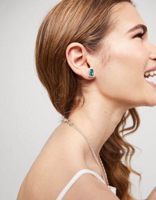 Pendientes ba&ntilde;ado en plata de ley y cristal verde mujer, Plateado, large